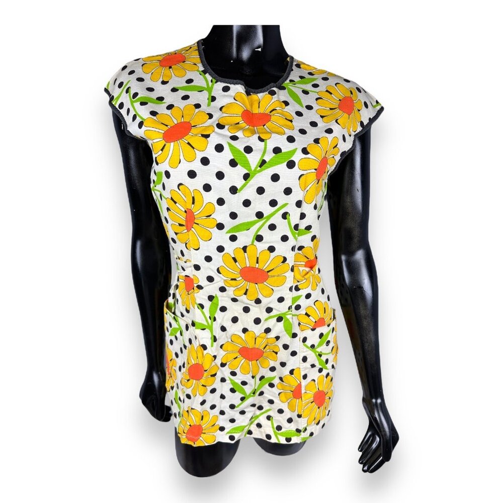 Vintage 60s Polka Dot Retro Daisy Smock Chore Apron Hippie House Wife Tie Back